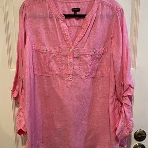 Talbots Woman 1X Pink Linen Shirt Blouse Pullover Roll Tab Sleeve Pockets